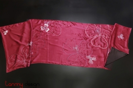 Red silk scarf hand-embroidered with flamboyant flower 60*200cm